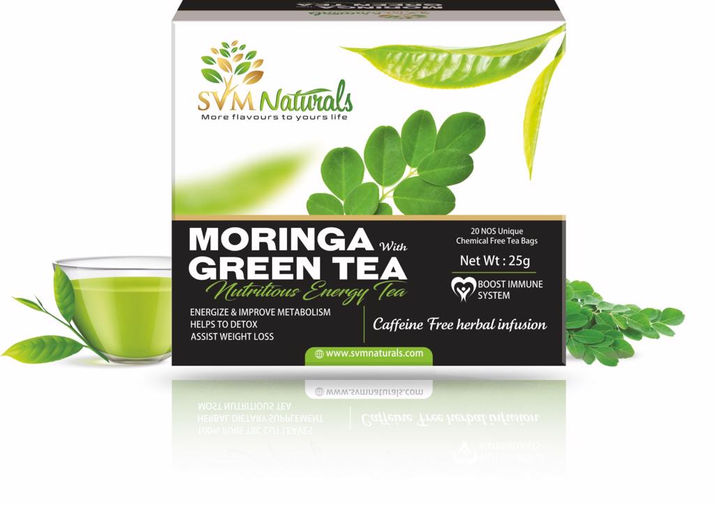 Product image - Our SVM Exports Moringa Green Tea or Moringa original tea contain 100% pure organic dehydrated Moringa leaves. Moringa tea bag when infused in hot water gives an original flavor. Moringa tea contain good source of antioxidants. It is a natural tea and it gives good feel for us.It is prepared with original moringa leaf powder.
•	Helps to Detox
•	Assist in Weight Loss
•	Energize and Improve  Metabolism
